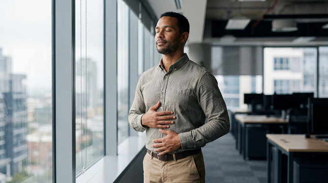World Day for Safety and Health at Work businessman breathing exercise stress management wellness workplace relaxation peaceful calm office corporate wellbeing self-care mental health professional
