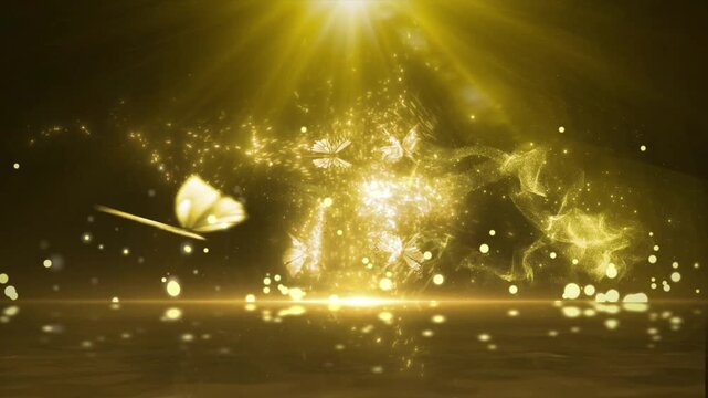 Magical Golden Butterflies Flying with Shimmering Particles and Light Rays