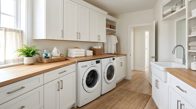 Modern White Laundry Room with Wood Countertops and Appliances