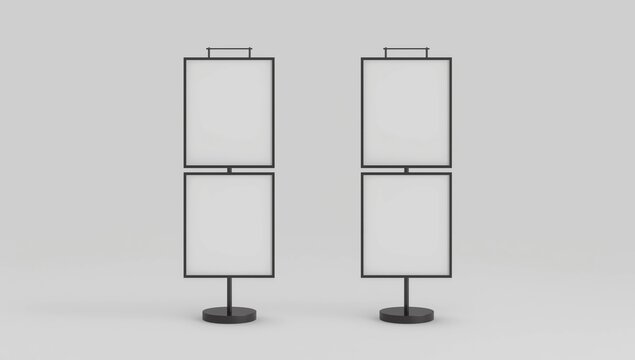 Poster stand takes multiple A2, A3, A4, A5 posters on a tall stand, mock up template for retail displays in stores as a shop poster stand, 3d illustration