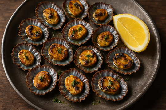 Grilled limpets served with lemon stock photo 
