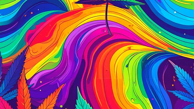 A colorful swirling pattern features a single cannabis leaf. This loop offers bright and dynamic visuals.