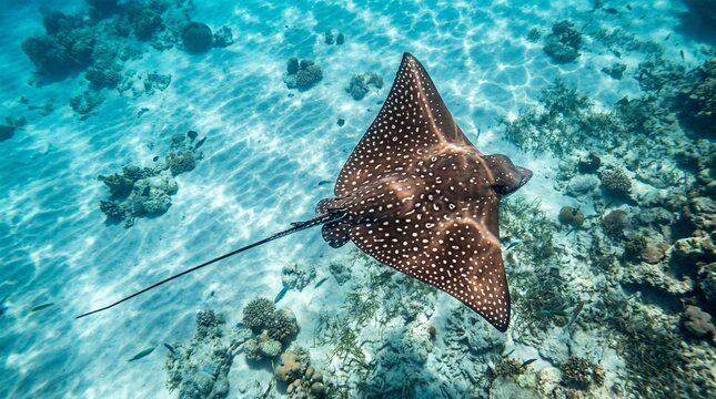 A beautiful eagle ray gracefully swimming through the clear blue water above a coral reef floor