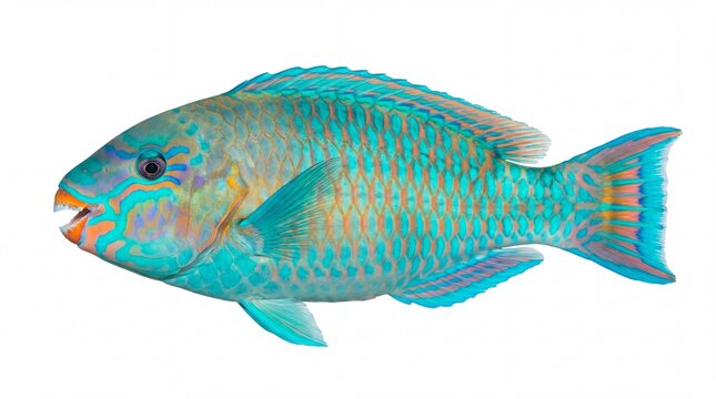 A vibrant blue parrotfish displaying intricate patterns and bright orange markings on its body