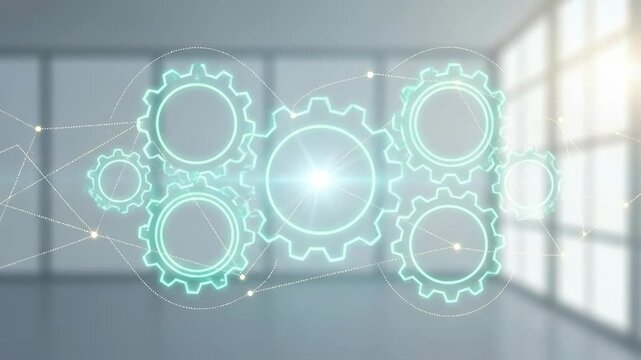 Automation Smart Office Technology Innovation Efficiency Future Productivity Connectivity Intelligence Glowing Gear Network Interface Powering Modern Office Interior Concept for Digital Workflow