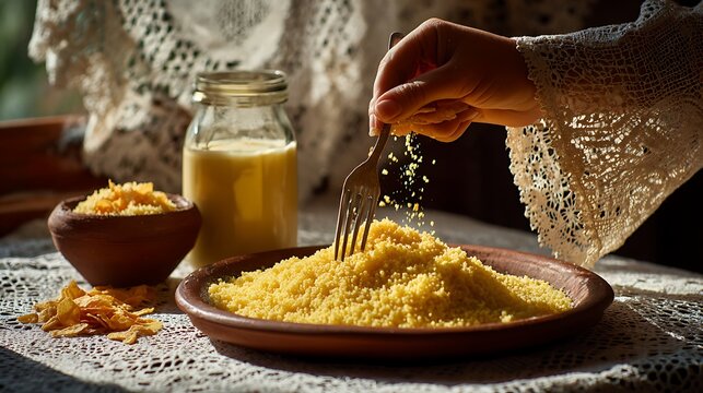 Northeastern Brazilian kitchen photography, hands using metal fork to fluff yellow spongy couscous just out of traditional aluminum couscoussier