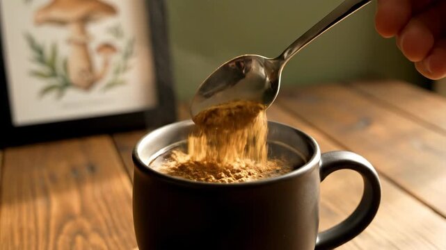 Woman adding mushroom powder into a hot mug of coffee for a healthy morning beverage ritual. Preparing organic medicinal mushroom tea on a rustic wooden table.