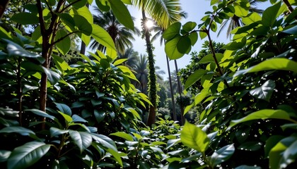 Fototapeta premium Sunlit Jungle Canopy with Verdant Palm Foliage