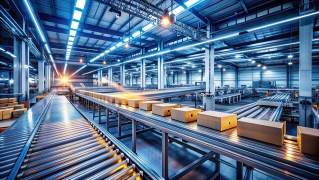A photo of a busy factory with automated packaging equipment on a highspeed conveyor belt moving products in and out efficiently A clean, industrial