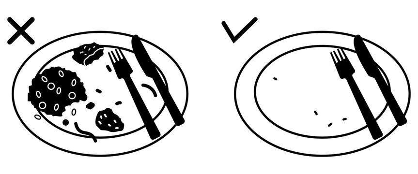 食べ残しNG・完食OKのモノクロイラスト　フードロス削減