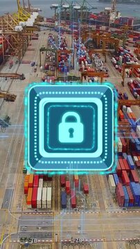 Vertical video: Holographic lock appearing on camera pan, pulsing circuits to stacks, securing port