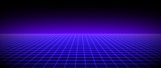 Purple glow neon wireframe background. Deep blue shining checkered grid floor plane in perspective. Retro futuristic horizon wallpaper. Arcade game sci fi matrix landscape surface. Vector backdrop © vika_k