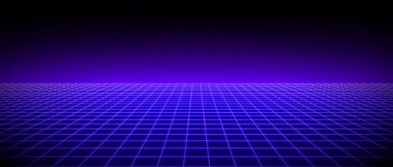 Fototapeten Violett Purple glow neon wireframe background. Deep blue shining checkered grid floor plane in perspective. Retro futuristic horizon wallpaper. Arcade game sci fi matrix landscape surface. Vector backdrop  © vika_k