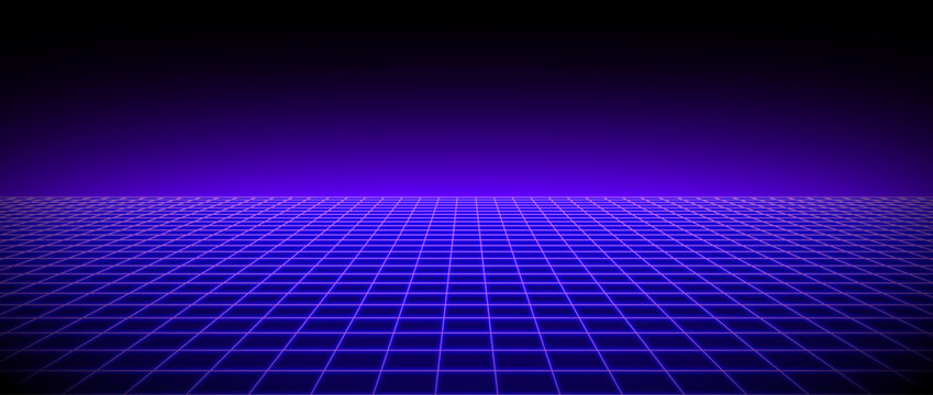 Purple glow neon wireframe background. Deep blue shining checkered grid floor plane in perspective. Retro futuristic horizon wallpaper. Arcade game sci fi matrix landscape surface. Vector backdrop