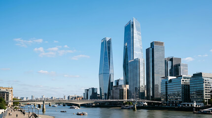 Obraz premium Modern Cityscape with Tall Skyscrapers and River View