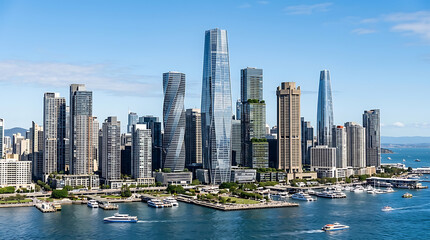 Fototapeta premium Modern Cityscape with Tall Skyscrapers and Harbor Full of Boats