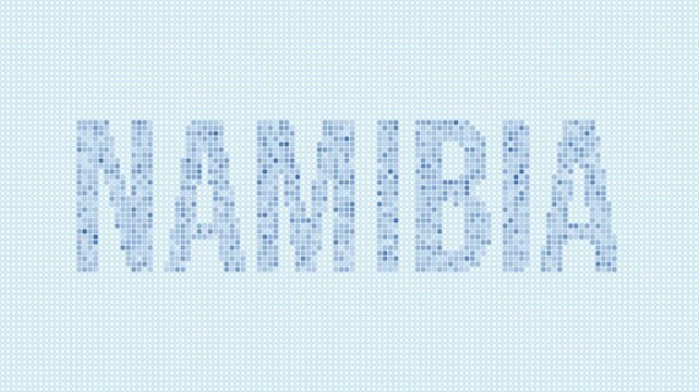 Namibia dotted map animation. Digital style shape of the country. Namibia shape and title dots appear with bulb flickering effect. Intro, outro, logo, title video.