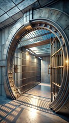 Fototapeta premium A photo of a secure underground vault with intricate steel bars and reinforced concrete walls, highresolution photography revealing the depth and com