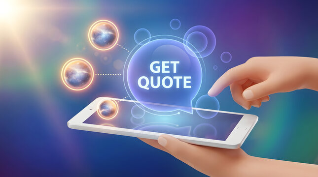 Hand holding smartphone with glowing 'get quote' button and interactive interface elements on screen