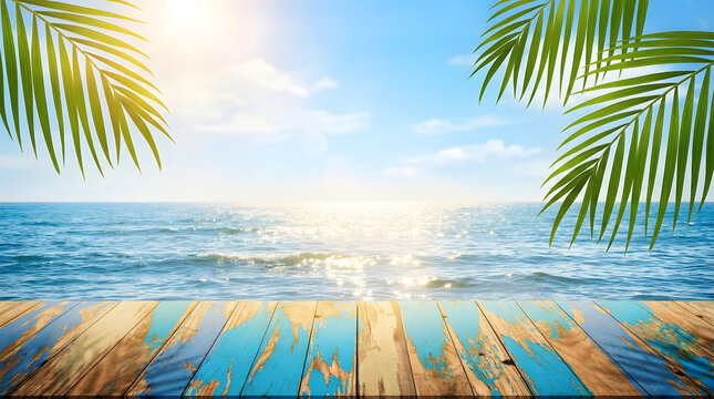 Idyllic tropical ocean view with sunlight reflecting on water and a rustic wooden deck framed by pal