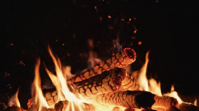 Close-up night campfire with burning bright orange-yellow flames and glowing logs in dark serene forest clearing
