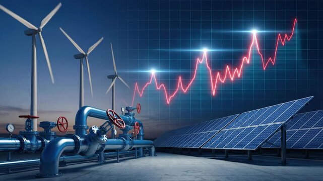 Fossil fuel market volatility, instability, fluctuation risk, crisis unpredictability, uncertainty economy inflation speculation, renewable energy solar panel wind turbine, energy pipeline