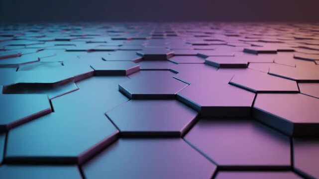 Endless hexagonal metallic tiles fading into blue purple pink gradient in futuristic digital corridor perspective view