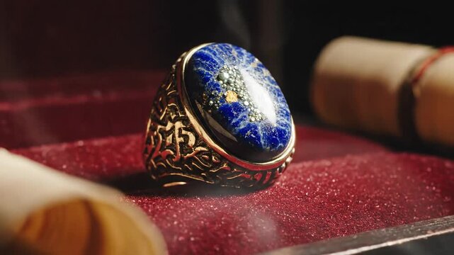 Ornate gold ring with lapis lazuli gemstone up close