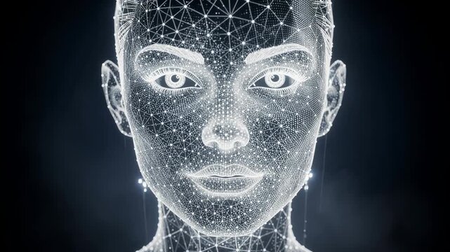 Futuristic digital human face with glowing network lines and dots technology concept