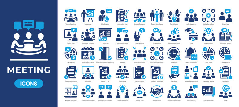 Meeting icon set featuring collaboration, communication, scheduling, and teamwork. Simple solid vector.