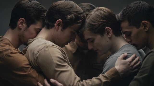 Group of young men embracing in a supportive and emotional moment showing friendship and solidarity