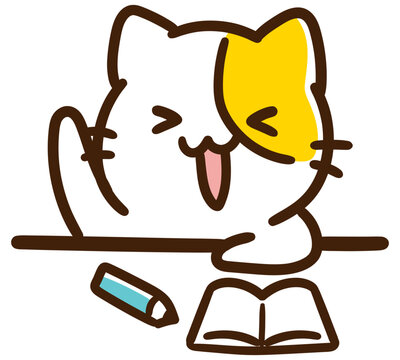 授業中に元気よく手を挙げるかわいいねこのキャラクターのデフォルメイラスト