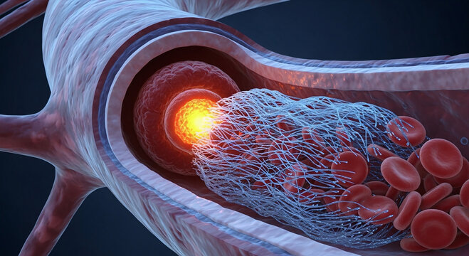 Microscopic view of a blood clot forming within a blood vessel, showing red blood cells and fibrin strands.