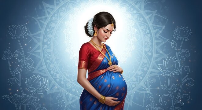 A pregnant woman in a blue and red sari cradles her belly with love and care indoors.