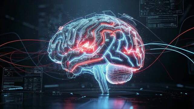 Futuristic digital brain with glowing neural networks and data visualization in technology concept