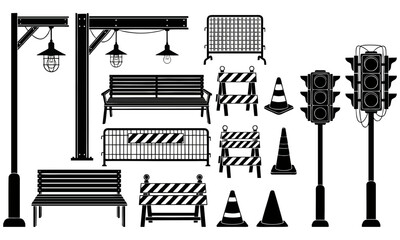 Naklejka premium Detailed black and white vector graphic illustration featuring various street furniture elements like park benches traffic lights and construction barriers