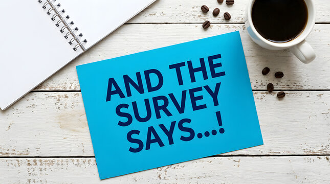 Blue survey card with coffee and notebook on rustic wooden desk with coffee beans scattered around