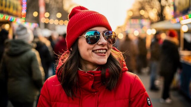 Happy young woman enjoying outdoor winter festival wearing red jacket and beanie with reflective sunglasses