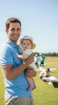 Smiling Caucasian father holding infant son at model airplane flying field outdoors