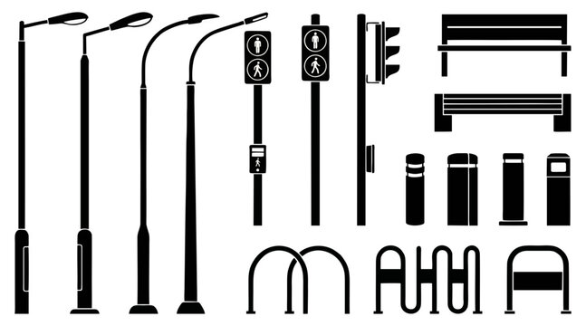A diverse collection of essential urban street furniture and city infrastructure vector graphic elements, perfect for architectural and public space designs.