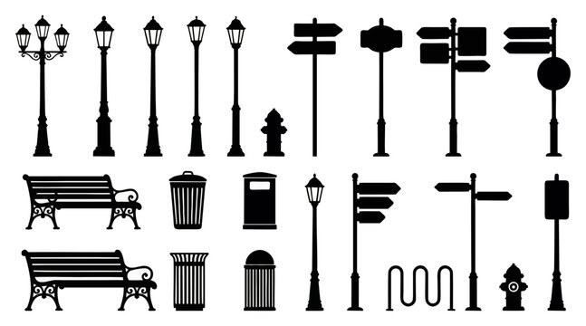 Comprehensive vector graphic illustration of various urban street furniture, including benches, lamp posts, trash cans, and directional signs.