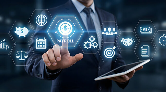 Professional man interacting with payroll system interface on dark background holding tablet
