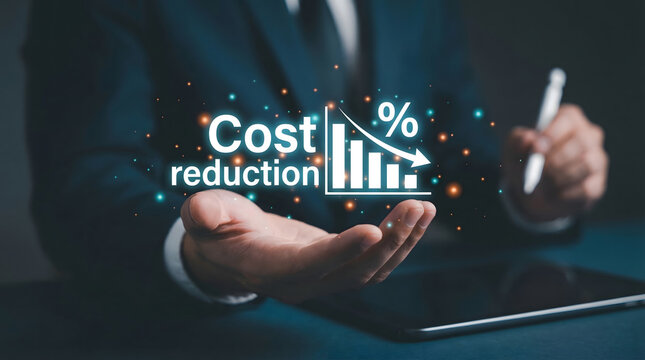 Business professional illustrating cost reduction strategy with digital financial graph in a serious