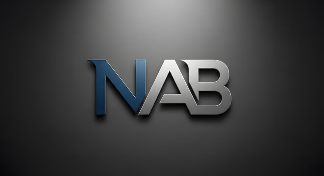 Modern metallic blue and silver alphabet design on a textured dark gray wall with spotlight