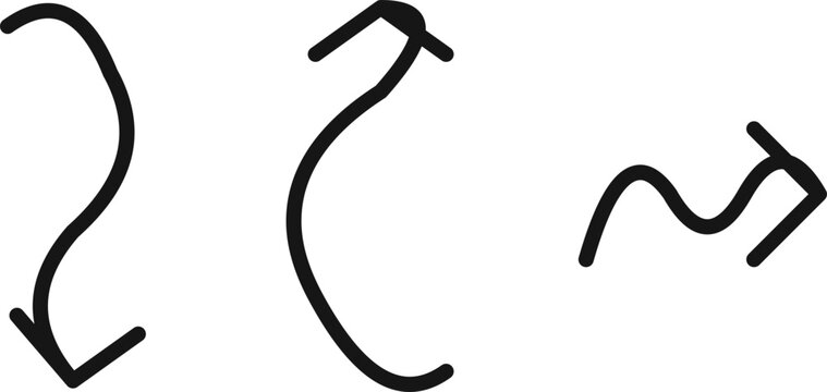Hand-drawn set of black curved and bouncing parabolic trajectory arrows on white background isolated illustration
