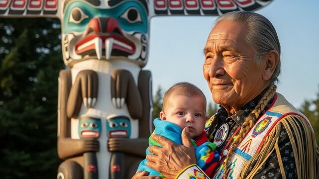 Indigenous elder holding baby grandson near totem pole representing cultural heritage and ancestry