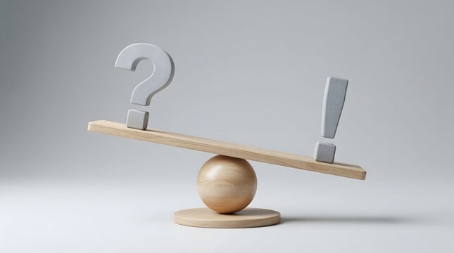 Question mark and exclamation mark on an imbalanced wooden seesaw in a bright minimalist studio