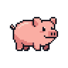 Fototapeta premium Cute pink pig pixel art icon isolated on white background