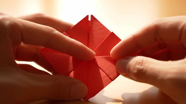 Close-up of hands folding a red origami paper into a star shape.
