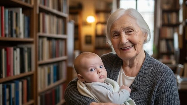 Senior Caucasian grandmother holding infant baby in home library for intergenerational literacy